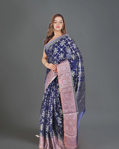 Dark Blue Cotton Silk Saree with Maroon Details