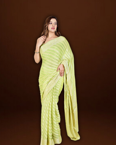 Parrot Green Pure Khaddi Georgette Saree with Classic Lehariya Design