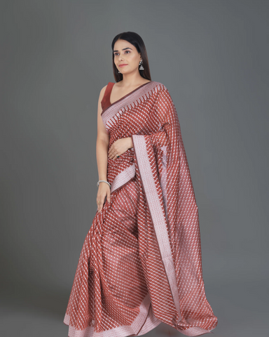 Rich Splendor: Brownish Red Banarasi Cotton Silk Saree