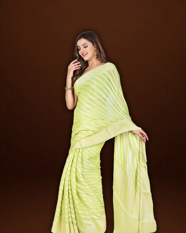 Parrot Green Pure Khaddi Georgette Saree with Classic Lehariya Design