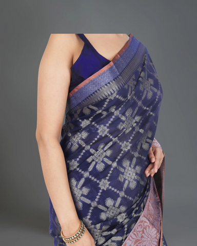 Dark Blue Cotton Silk Saree with Maroon Details