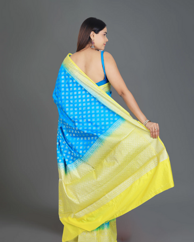 Dual-Tone Elegance: Blue and Parrot Green Banarasi Semi-Silk Saree