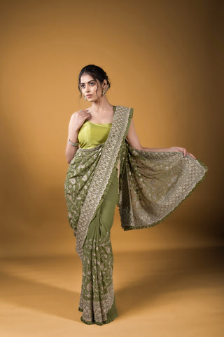 Green Georgette heavy Embroidery Work Saree