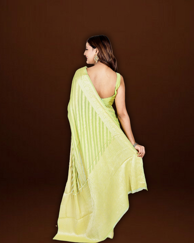 Parrot Green Pure Khaddi Georgette Saree with Classic Lehariya Design
