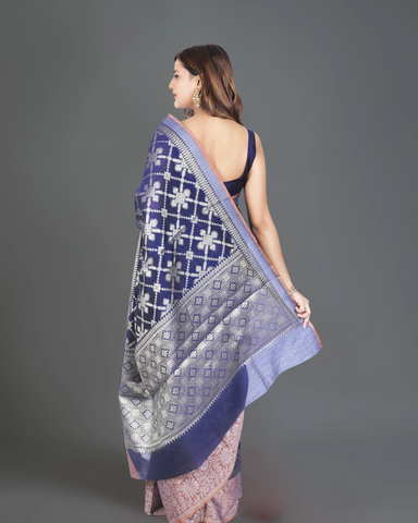 Dark Blue Cotton Silk Saree with Maroon Details