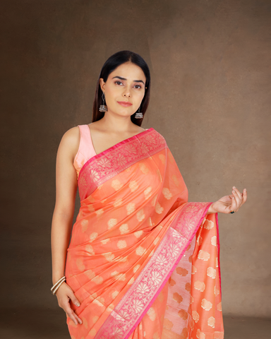 Vivid Harmony: Orange Chanderi Cotton Silk Saree with Magenta Zari Border