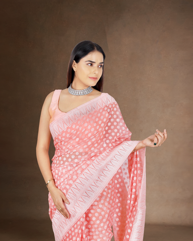 Graceful Charm: Pink Chanderi Cotton Silk Saree with White Border