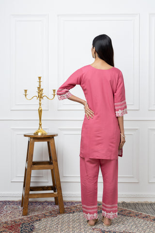 Rasofab Women Pink Thread Work Kurta Pant Cord Set- Pink