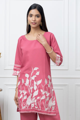 Rasofab Women Pink Thread Work Kurta Pant Cord Set- Pink