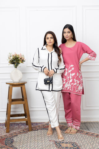 Rasofab Women Pink Thread Work Kurta Pant Cord Set- Pink