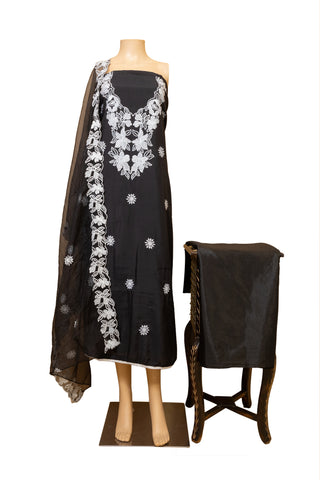 Black embroided unstitched semi silk Kurta suit set with Botton and dupatta