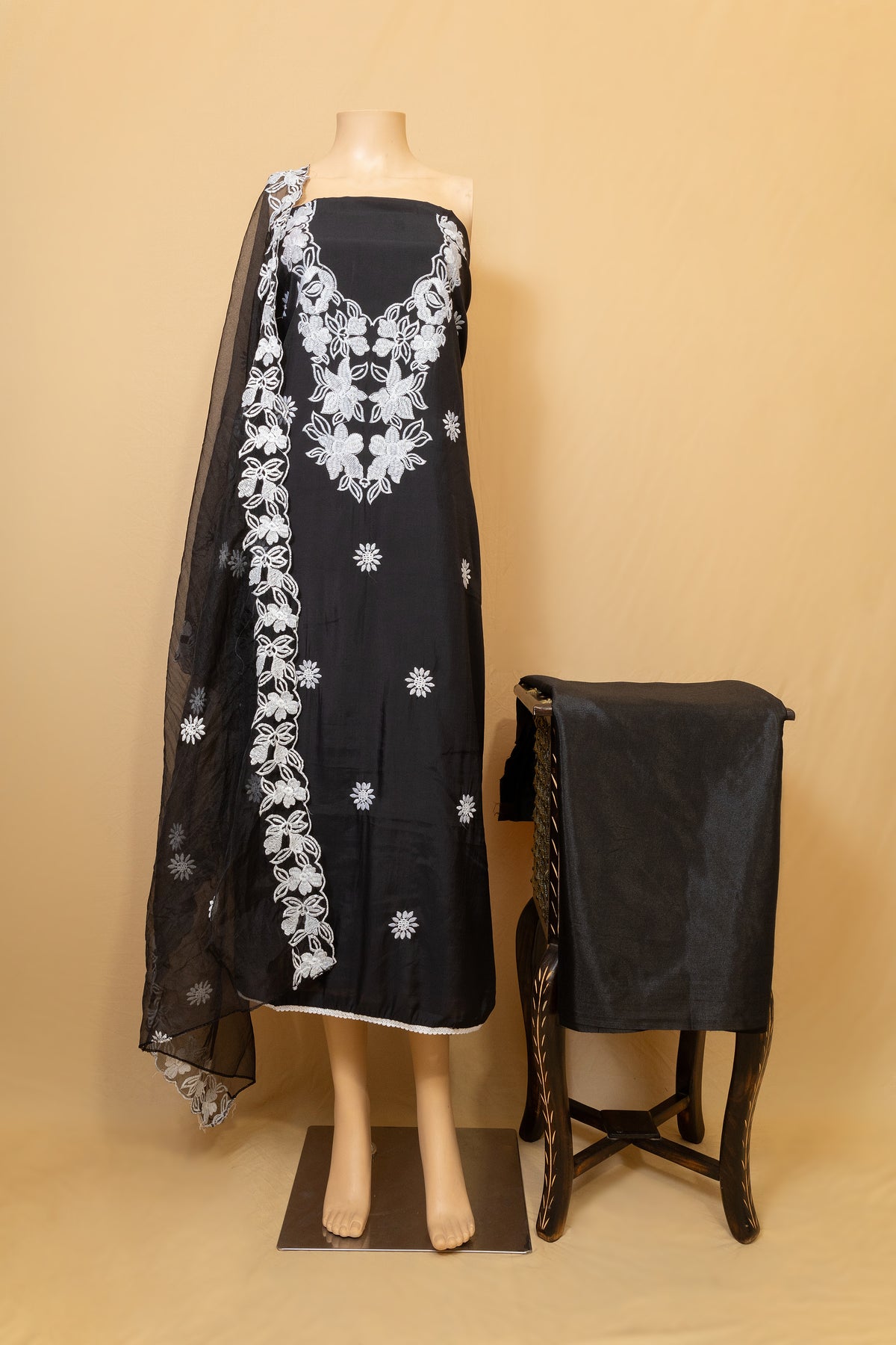 Black embroided unstitched semi silk Kurta suit set with Botton and dupatta