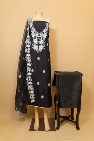 Black embroided unstitched semi silk Kurta suit set with Botton and dupatta