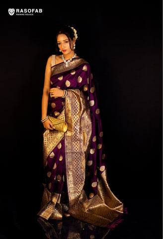 Purple Semi Silk saree with golden Zari buti