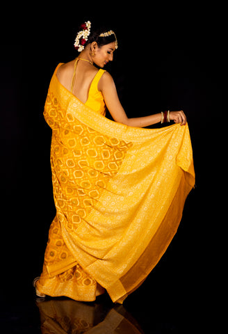 Yellow Pure Georgette Bandhej Meenadaar Saree