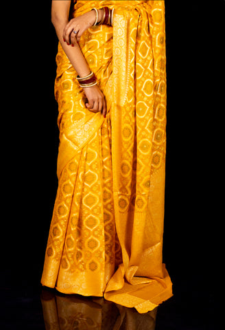 Yellow Pure Georgette Bandhej Meenadaar Saree
