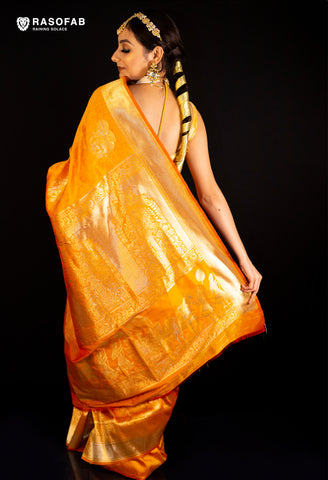 Mustard Yellow Half and half Patola pattern semi silk saree