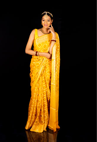 Yellow Pure Georgette Bandhej Meenadaar Saree