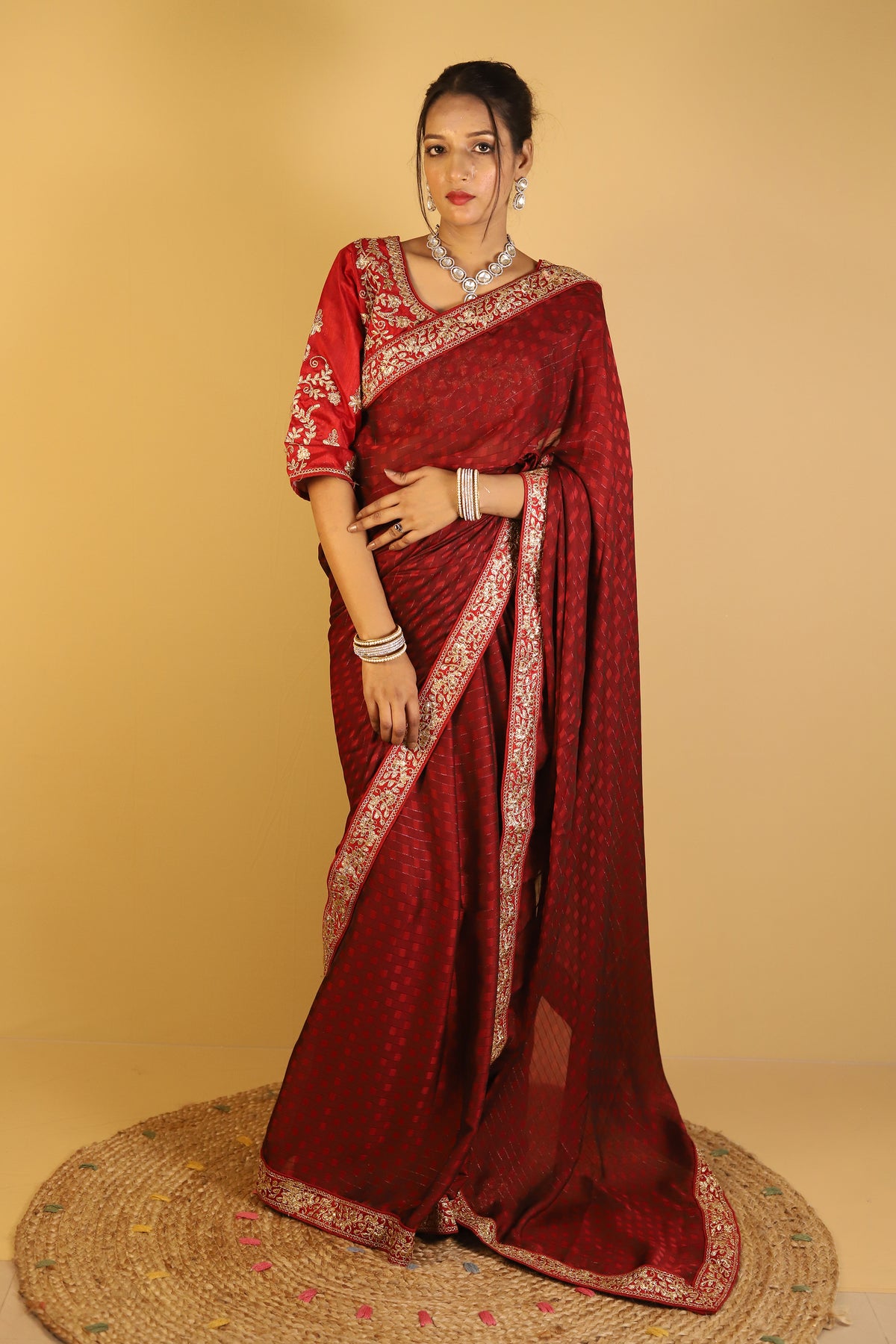 Red Pure Chiffon Satin Patta with Stitched blouse