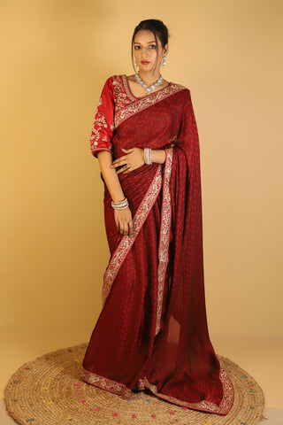 Red Pure Chiffon Satin Patta with Stitched blouse