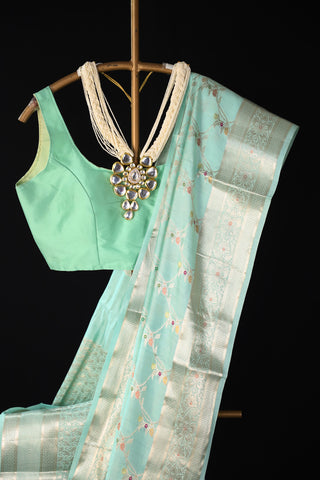 Sea Green Pure Chiniya Silk Meenadaar Saree