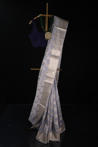 Grey Pure Chiniya Silk Saree