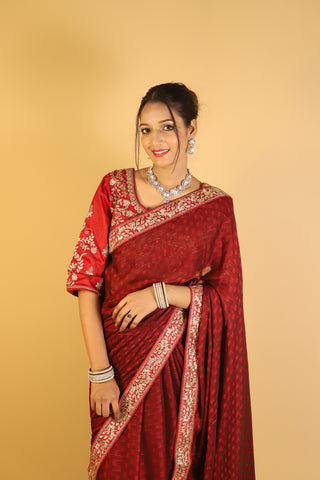 Red Pure Chiffon Satin Patta with Stitched blouse