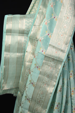 Sea Green Pure Chiniya Silk Meenadaar Saree