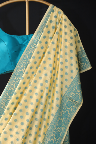 Yellow Semi Silk with Blue Booti Border