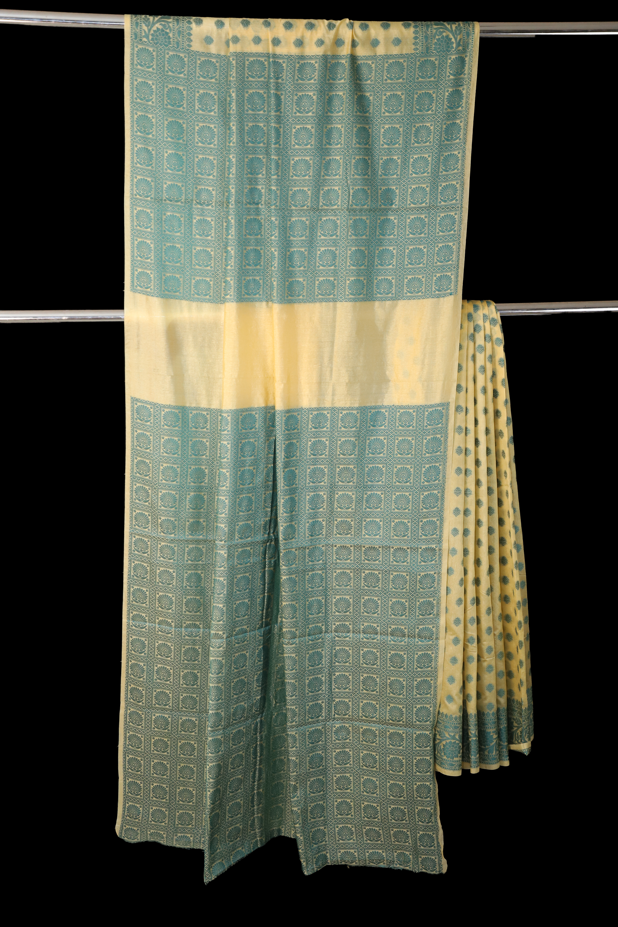 Yellow Semi Silk with Blue Booti Border