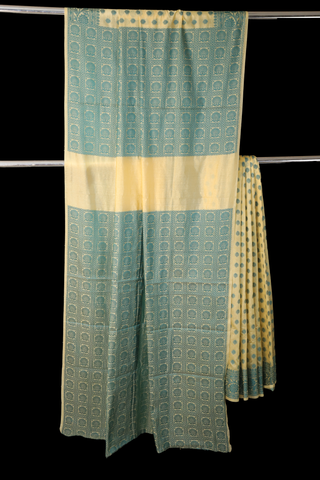 Yellow Semi Silk with Blue Booti Border