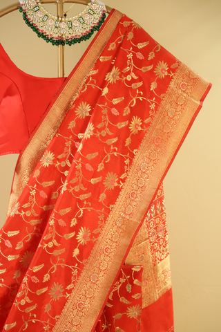 Red Semi Banarasi Soft Silk Saree With Golden Zari Border