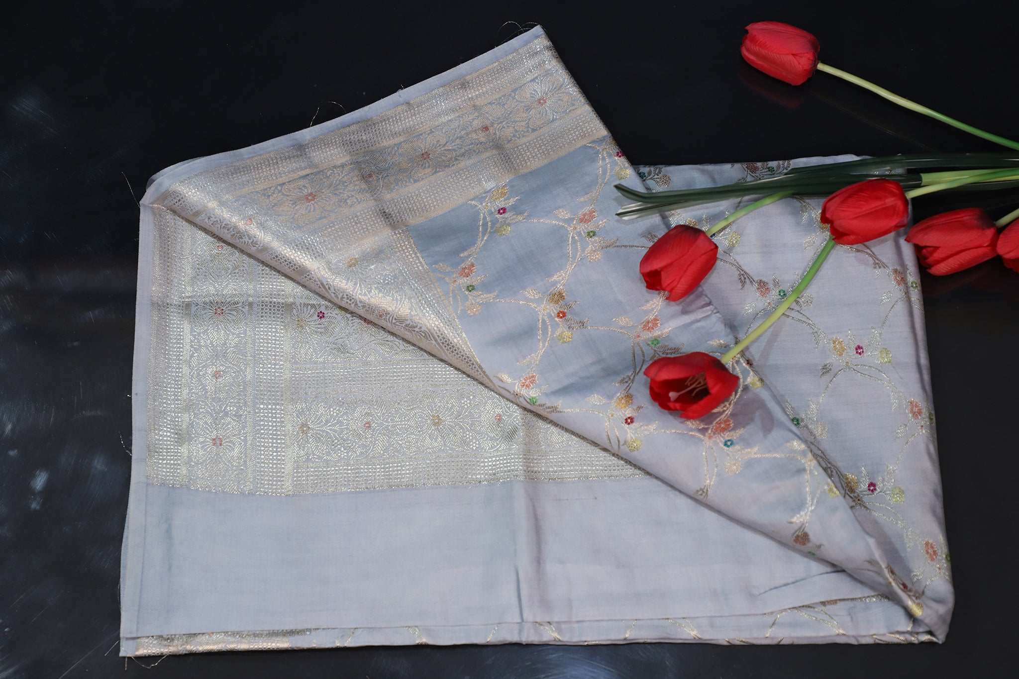 Grey Pure Chiniya Silk Saree