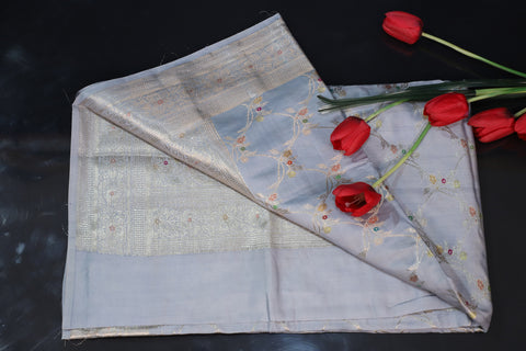 Grey Pure Chiniya Silk Saree