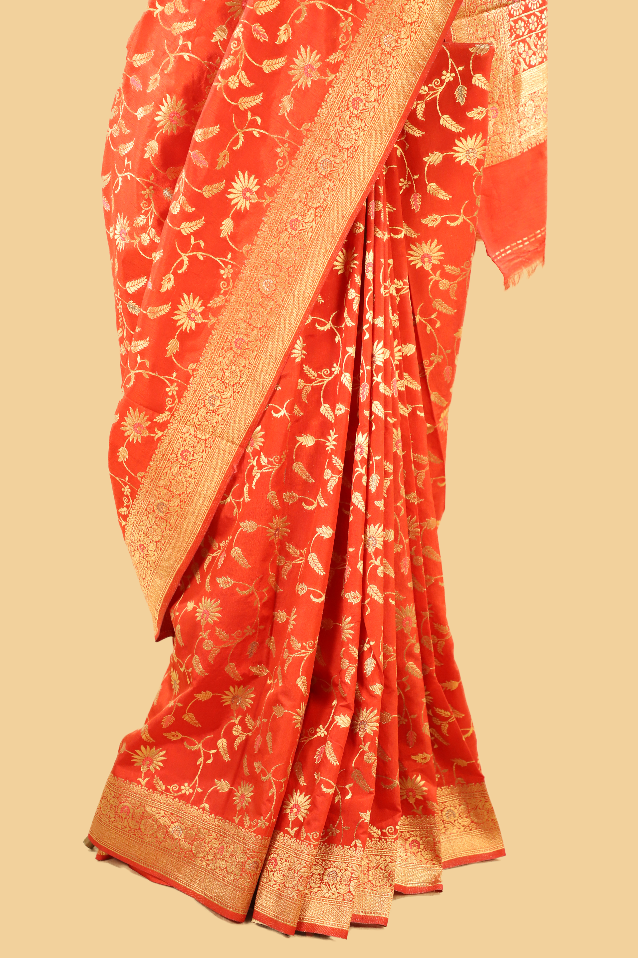 Red Semi Banarasi Soft Silk Saree With Golden Zari Border