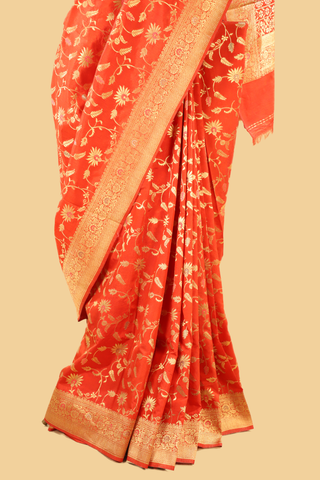 Red Semi Banarasi Soft Silk Saree With Golden Zari Border