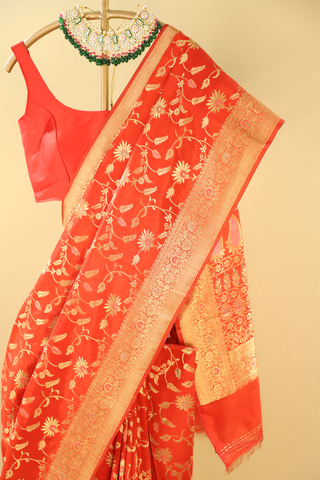 Red Semi Banarasi Soft Silk Saree With Golden Zari Border