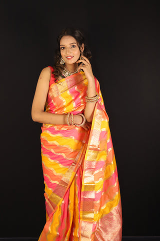 Pink, Orange and Yellow Rangkaat Lehariya Silk saree