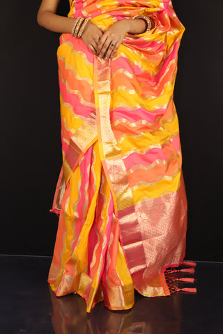 Pink, Orange and Yellow Rangkaat Lehariya Silk saree
