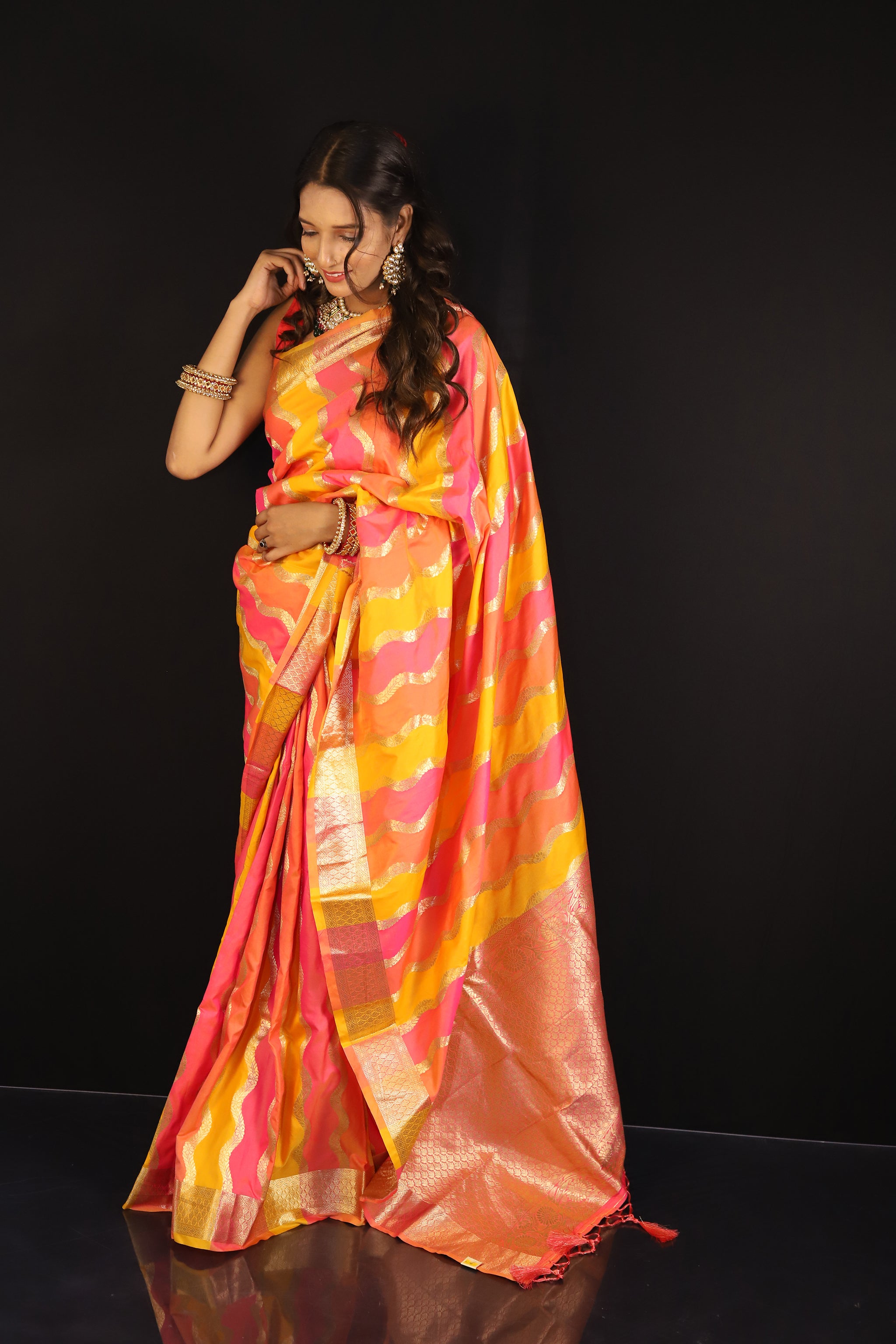 Pink, Orange and Yellow Rangkaat Lehariya Silk saree