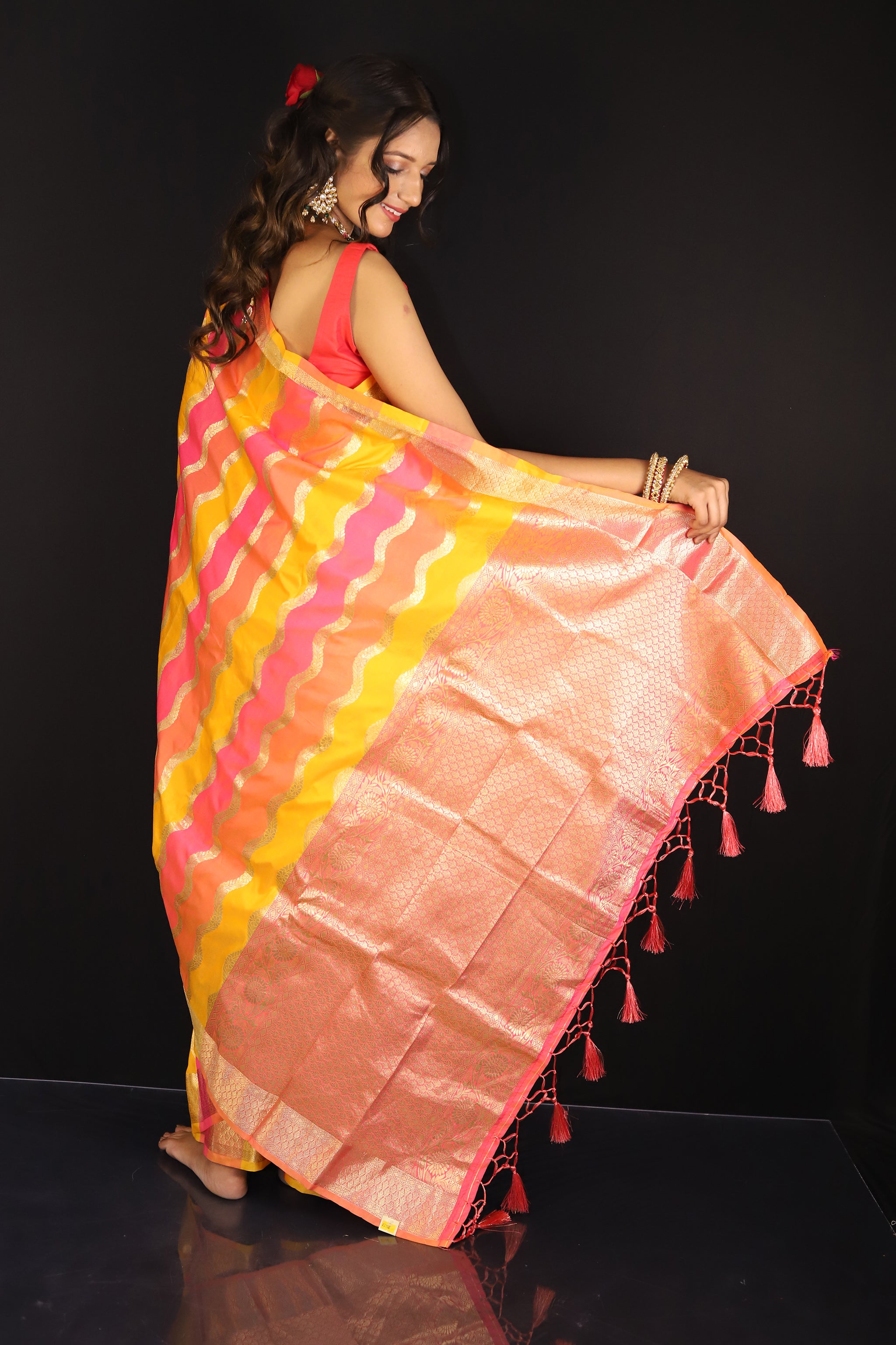 Pink, Orange and Yellow Rangkaat Lehariya Silk saree