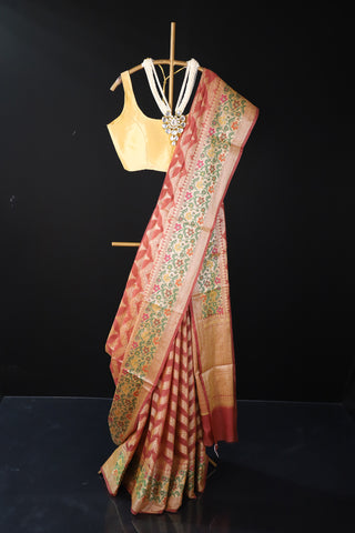 Red Semi Banarasi Soft Silk Lehariya Pattern Saree