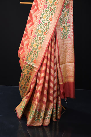 Red Semi Banarasi Soft Silk Lehariya Pattern Saree