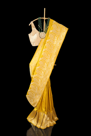 Yellow Semi Banarasi Soft Silk Saree With Unstitched Blouse