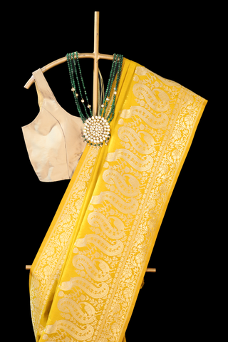 Yellow Semi Banarasi Soft Silk Saree With Unstitched Blouse